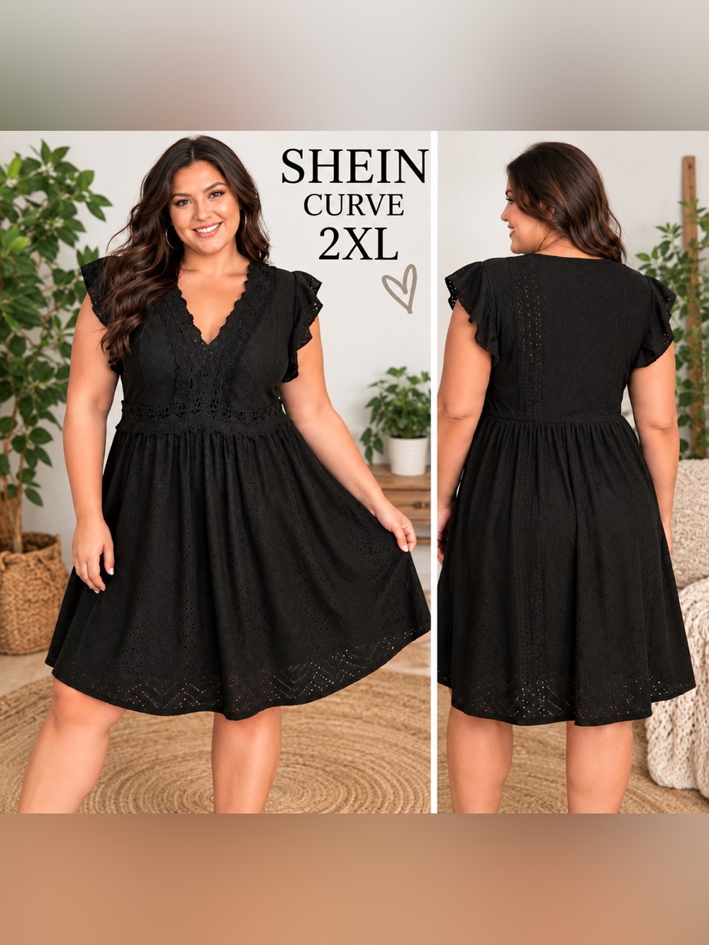 SHEIN Curve 2XL Black Eyelet Lace Flutter Sleeve A-Line Dress